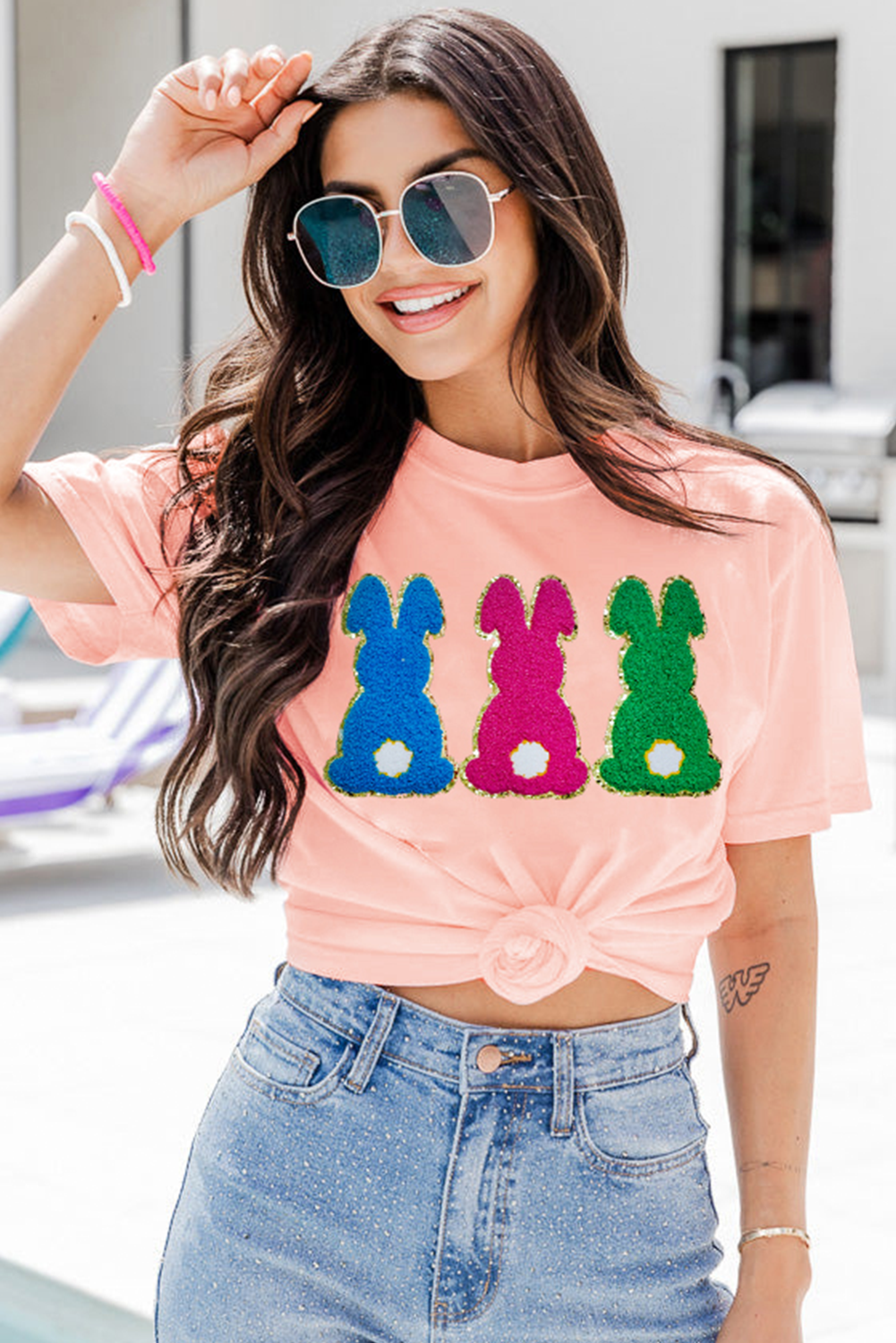 Pink Easter Bunny Chenille Patched Graphic Tee - Aaria Tees Aaria Tees