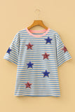 Sky Blue Stripe Patriotic Sequin Stars Decoration Short Sleeve T Shirt Aaria Tees