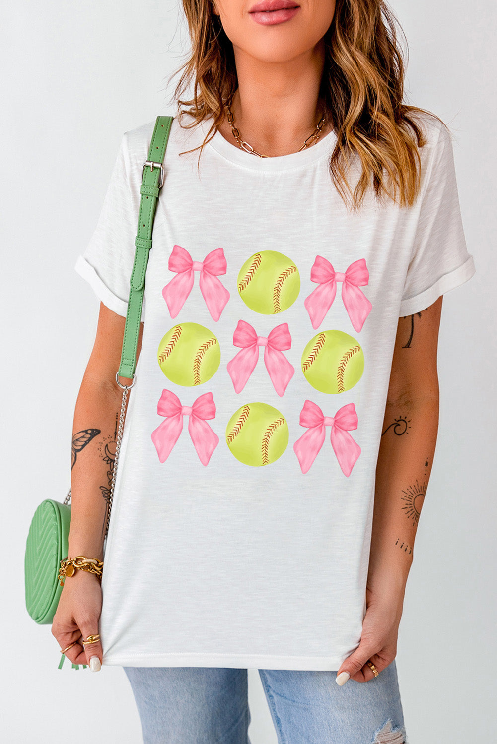 White Bow Tie Baseball Print Round Neck Casual Tee - Aaria Tees Aaria Tees
