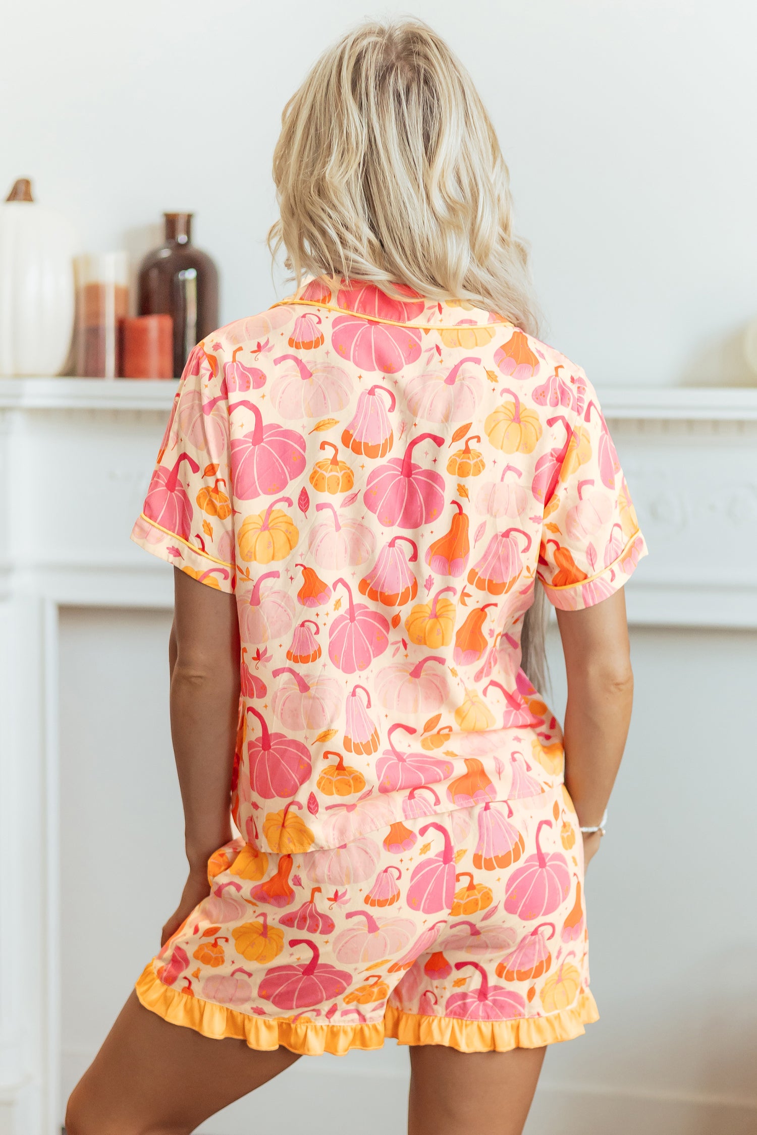 Pink Short Sleeve Pumpkin Print Pocket Placket Shell Button Lounge Set - Aaria Tees Aaria Tees
