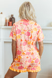 Pink Short Sleeve Pumpkin Print Pocket Placket Shell Button Lounge Set - Aaria Tees Aaria Tees