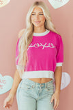 Bright Pink XOXO Embroidered Graphic Valentines Contrast Trim Crew Neck Short Puff Sleeve Sweater Tee - Aaria Tees Aaria Tees
