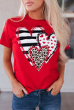 Red Leopard Striped Heart Shaped Print Crew Neck T Shirt - Aaria Tees Aaria Tees