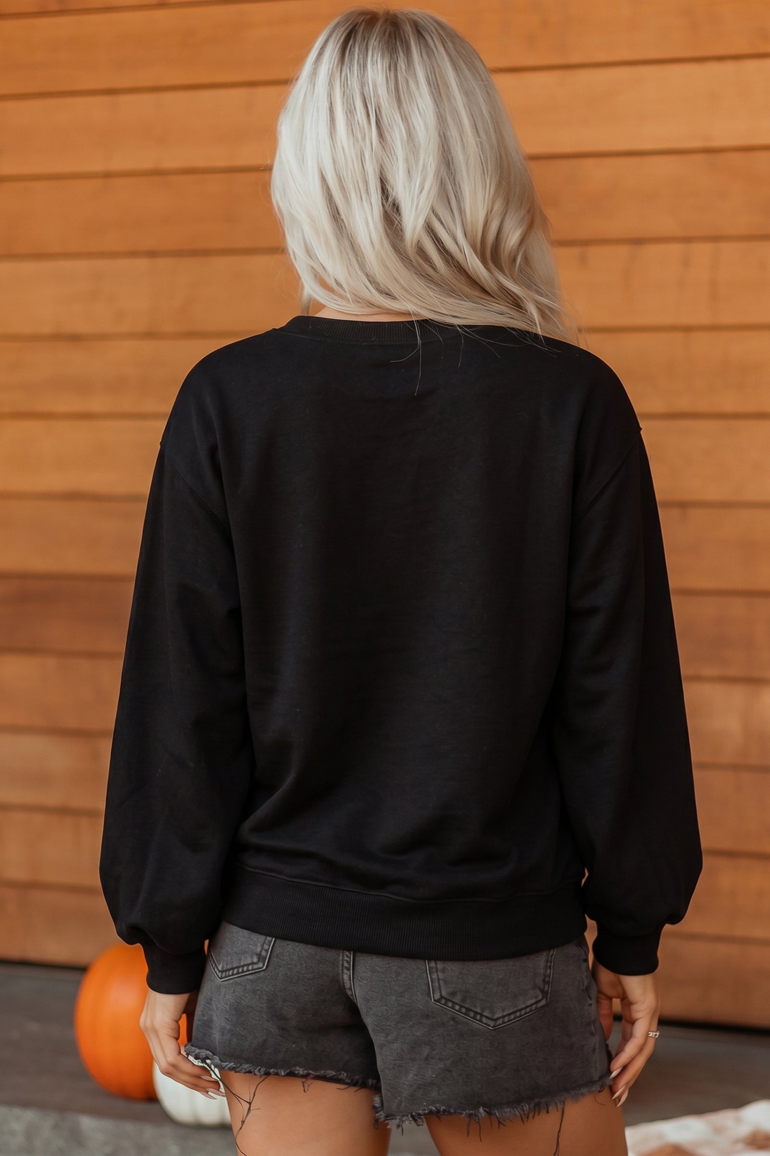 Color black Embroidered Spooky Season Graphic Long Sleeve Round Neck Pullover Sweatshirt - Aaria Tees Aaria Tees