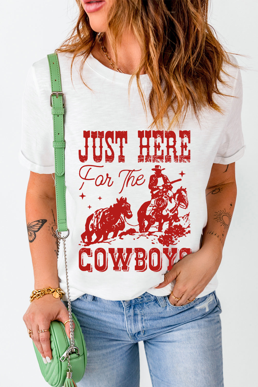 White JUST HERE For THE COWBOY Cuffed Sleeve Crew Neck T Shirt - Aaria Tees Aaria Tees