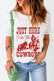 White JUST HERE For THE COWBOY Cuffed Sleeve Crew Neck T Shirt - Aaria Tees Aaria Tees