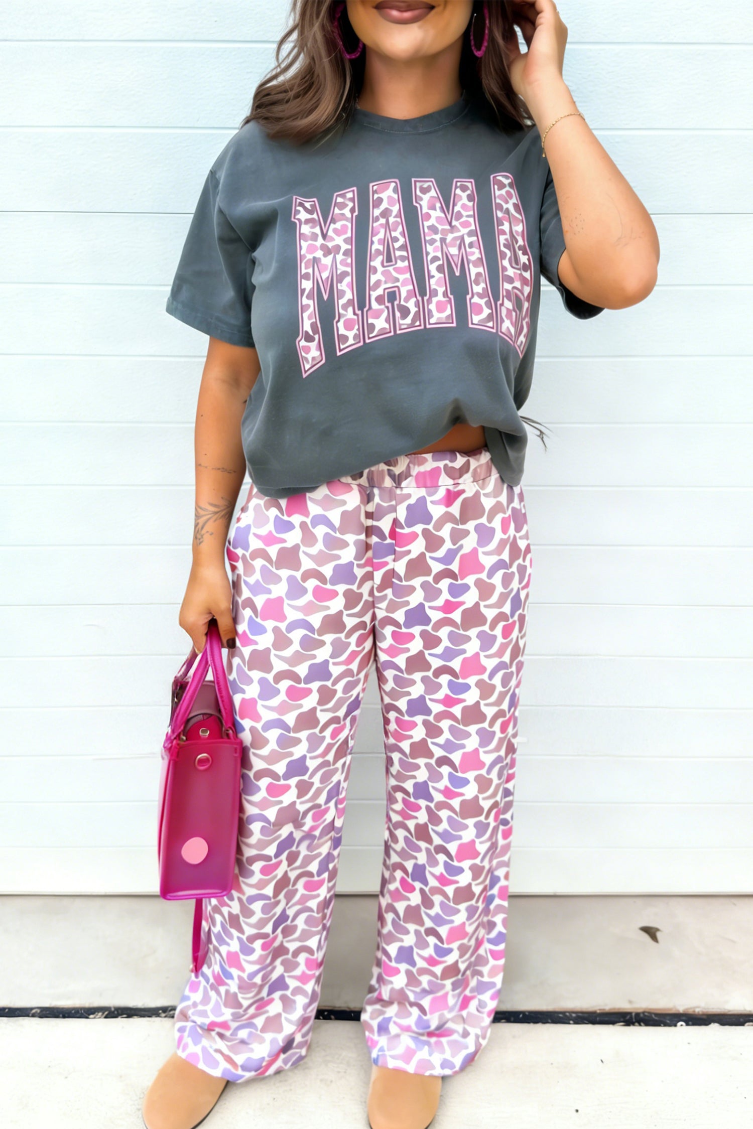 Medium Grey MAMA Letter Graphic Tee Camouflage Print Loose Pant Set - Aaria Tees Aaria Tees