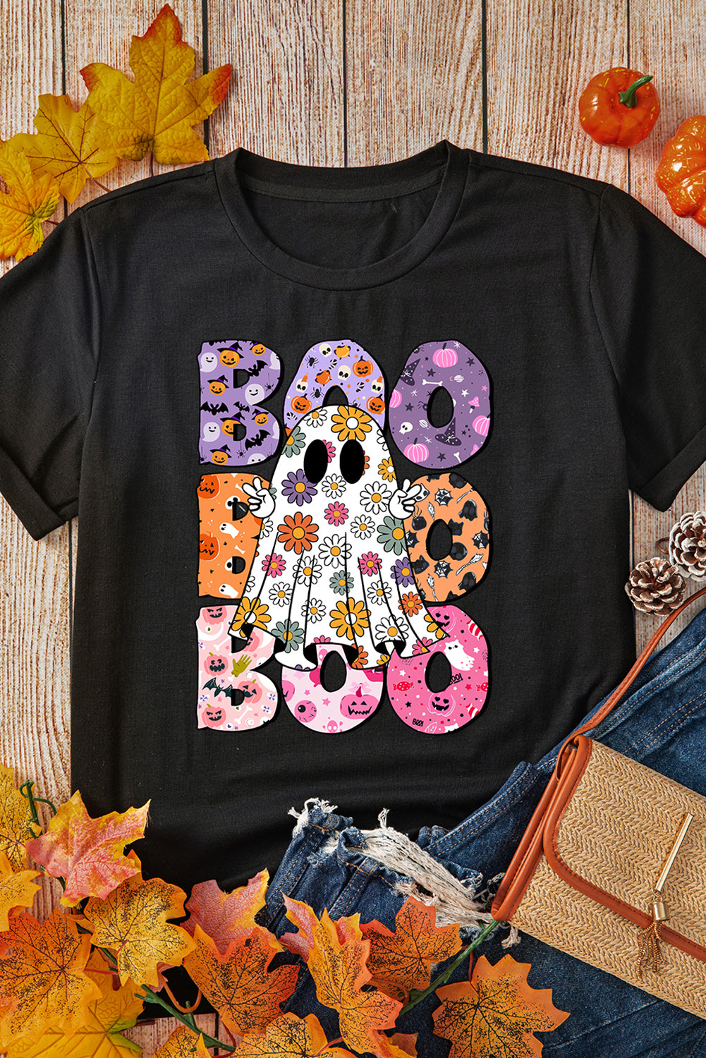 Black BOO Floral Ghost Print Crew Neck Halloween T Shirt - Aaria Tees Aaria Tees