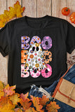 Black BOO Floral Ghost Print Crew Neck Halloween T Shirt - Aaria Tees Aaria Tees