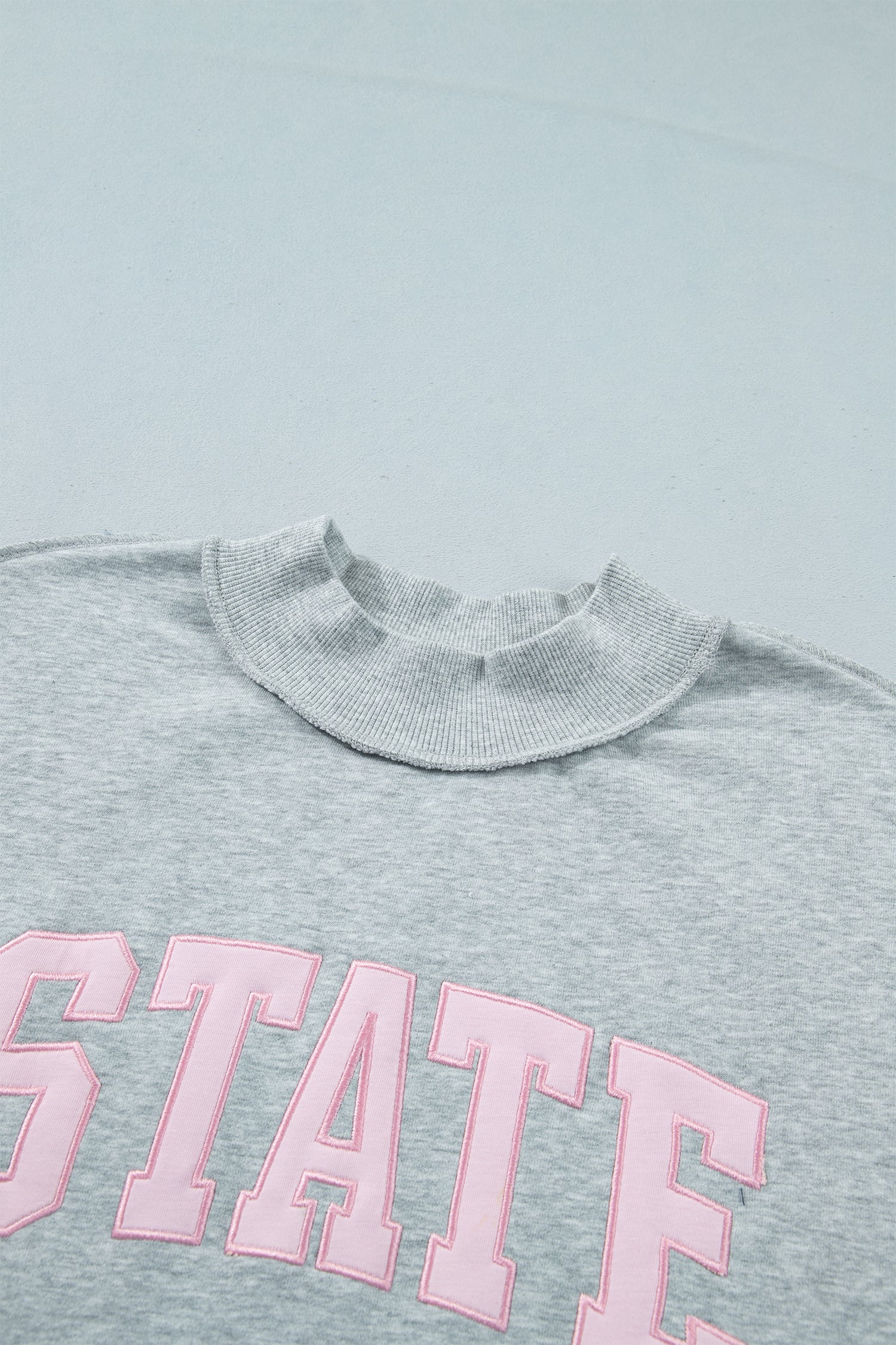 Light Grey Exposed Seam Mock Neck STATE Letter Graphic Loose Sweatshirt - Aaria Tees Aaria Tees