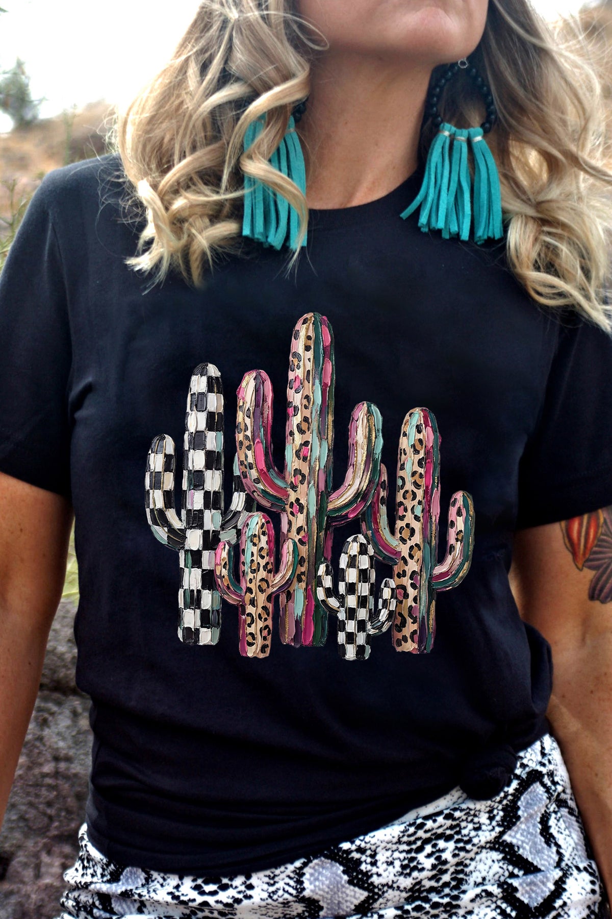 Black Mixed Pattern Cactus Graphic Print Relaxed T-Shirt - Aaria Tees