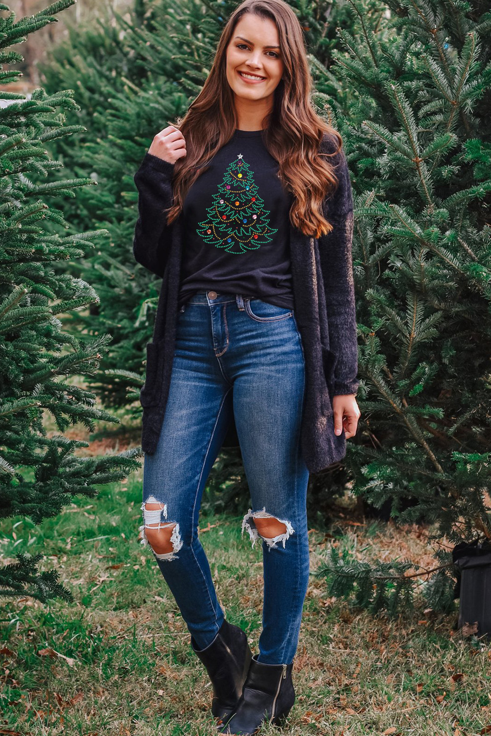 Black Rhinestone Christmas Tree Round Neck Graphic Tee - Aaria Tees Aaria Tees