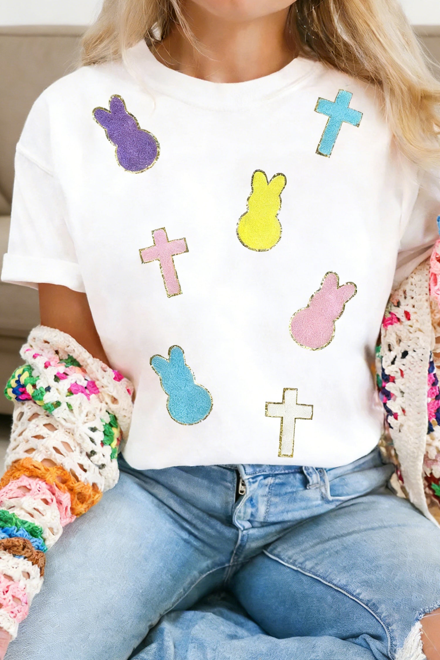 White Chenille Bunny Cross Patch Easter T Shirt - Aaria Tees Aaria Tees