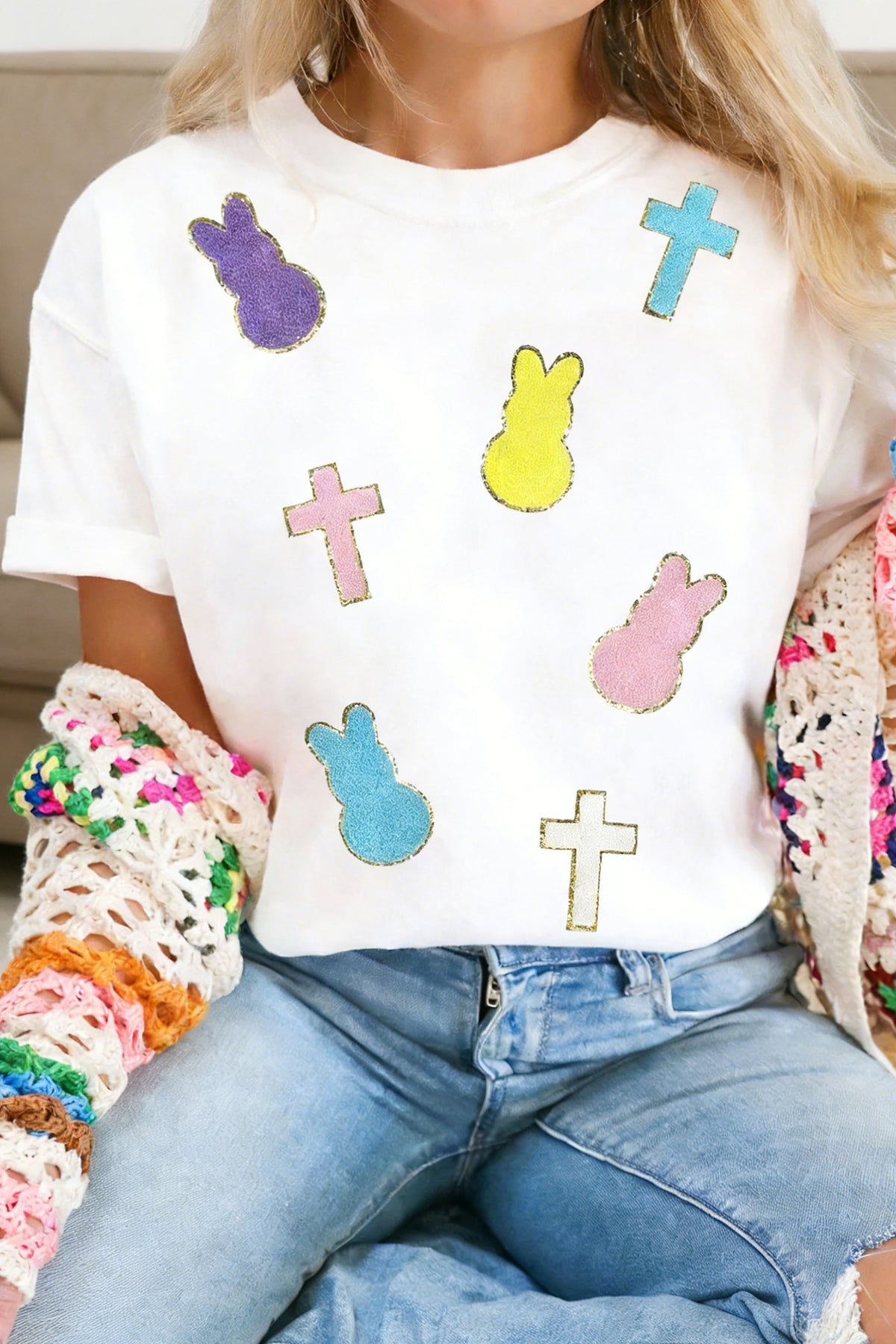 White Chenille Bunny Cross Patch Easter T Shirt - Aaria Tees