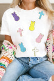 White Chenille Bunny Cross Patch Easter T Shirt - Aaria Tees Aaria Tees