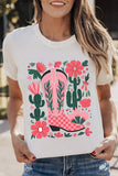 White Western Boots Flower Print Round Neck T Shirt Aaria Tees