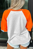 Light Grey HELLO PUMPKIN Patched Graphic Colorblock Bubble Sleeve Raglan Top Aaria Tees