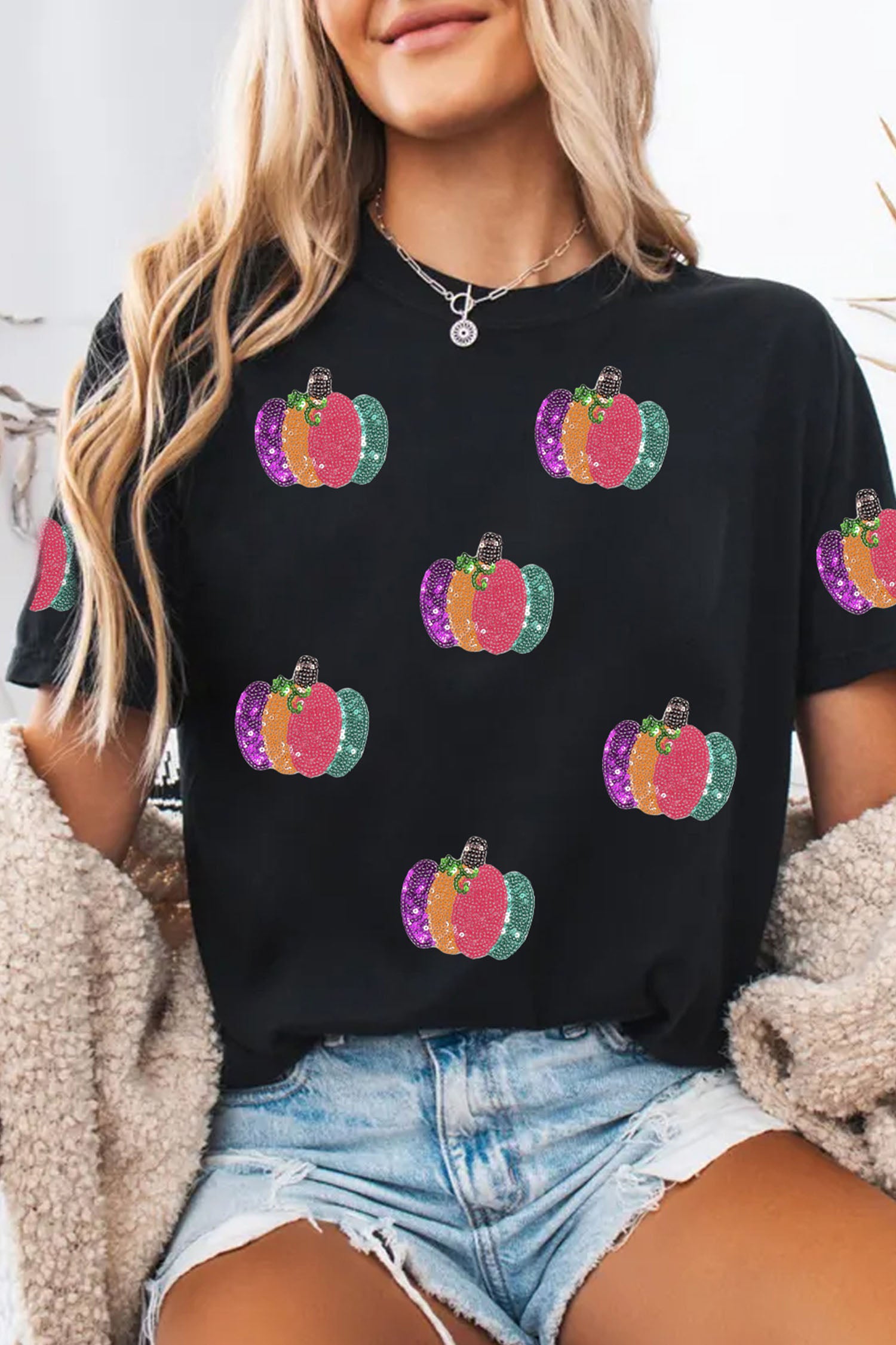 Black Sequined Pumpkin Graphic Round Neck Casual T Shirt - Aaria Tees Aaria Tees