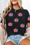 Black Sequined Pumpkin Graphic Round Neck Casual T Shirt - Aaria Tees Aaria Tees