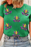 Bright Green Sequin Mardi Gras Mask Patched Pattern Crewneck Tee Aaria Tees