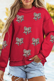 Racing Red Sequin Bowknot Mock Neck Game Day Casual Sweatshirt Aaria Tees