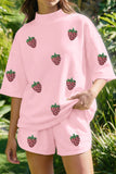 Light Pink Sequin Strawberry Oversized Tee Casual Shorts 2pcs Set Aaria Tees