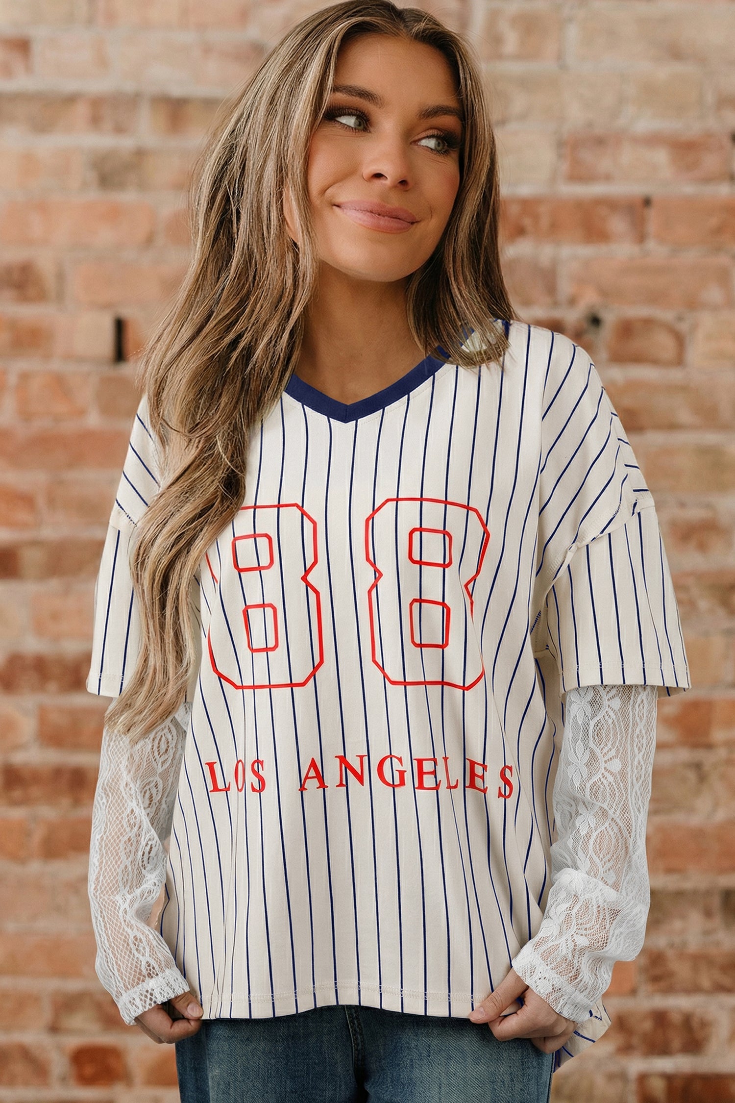 Blue Stripe 88 LOS ANGEL Graphic Lace Patchwork Faux Two Piece V Neck Top - Aaria Tees Aaria Tees