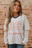 Blue Stripe 88 LOS ANGEL Graphic Lace Patchwork Faux Two Piece V Neck Top - Aaria Tees Aaria Tees