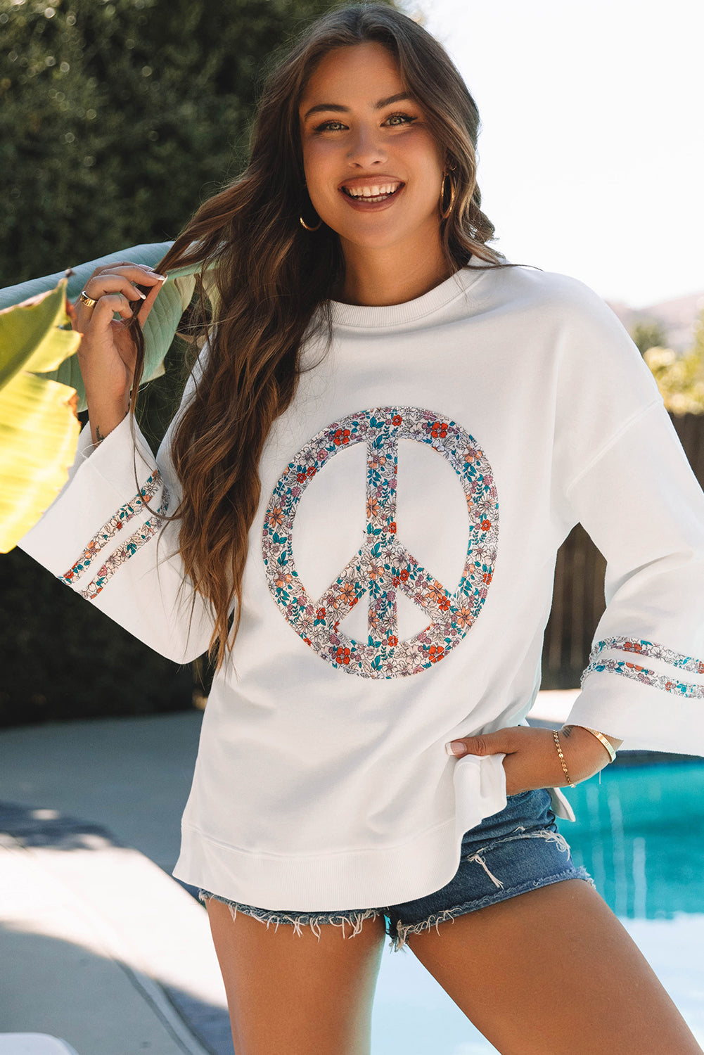 Jet Stream Floral Peace Sign Graphic Drop Shoulder Wide Sleeve Casual Top - Aaria Tees Aaria Tees