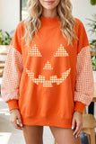 Russet Orange Plaid Sleeve Halloween Pumpkin Face Graphic Sweatshirt Aaria Tees