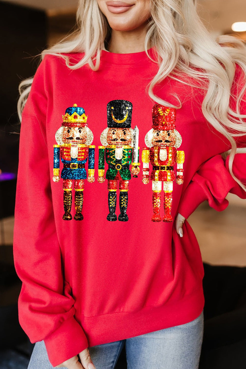 Red Christmas Metallic Nutcracker Graphic Crew Neck Sweatshirt - Aaria Tees Aaria Tees