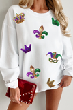 White Sequin Mardi Gras Symbol Crown Mask Patched Corded Sweatshirt - Aaria Tees Aaria Tees