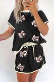 Black Sequin Rugby Football Bow Patched Colorblock Edge Tee and Skort Set Aaria Tees