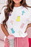 White Chenille Bunny Cross Patch Easter T Shirt - Aaria Tees Aaria Tees