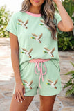 Clearly Aqua Sequin Mallard Print Ribbed 2pcs Casual Short Set Aaria Tees