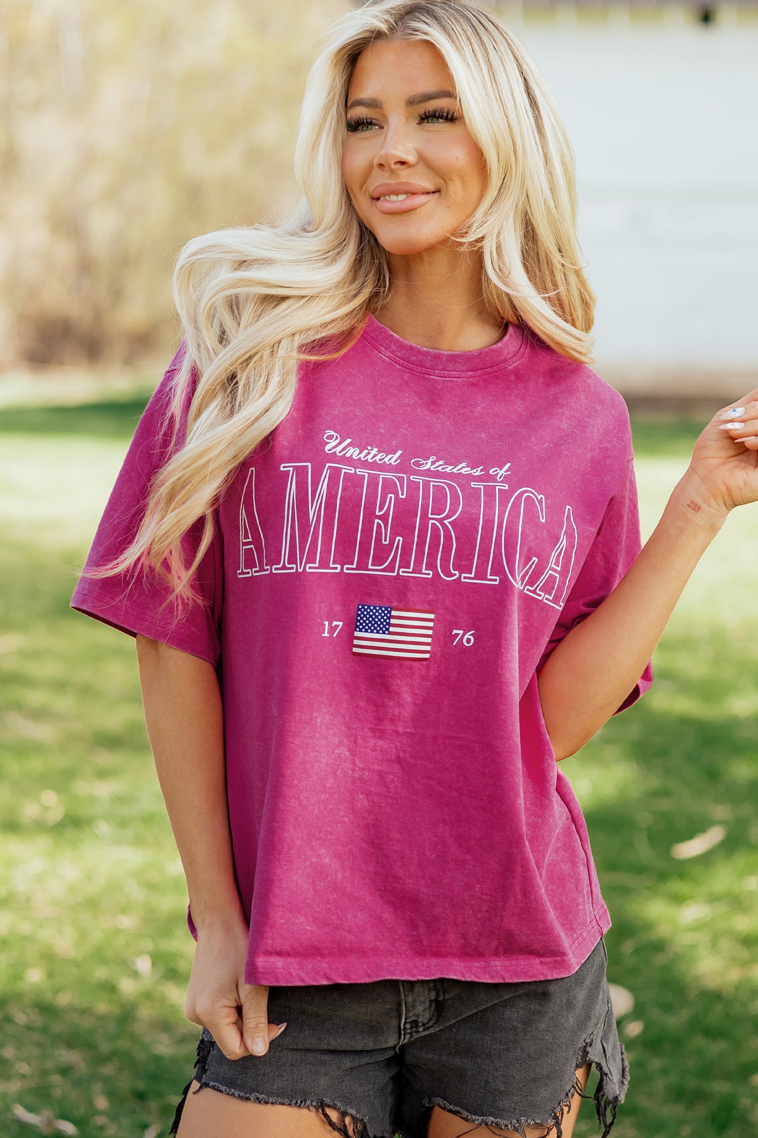 Rose Red AMERICA 1776 Graphic Mineral Wash Cotton Tee - Aaria Tees Aaria Tees