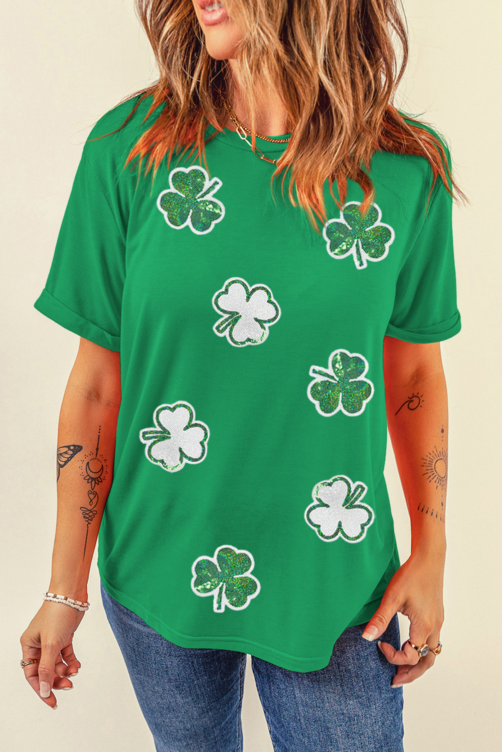 Bright Green St Patricks Sequined Clover Pattern T Shirt - Aaria Tees Aaria Tees