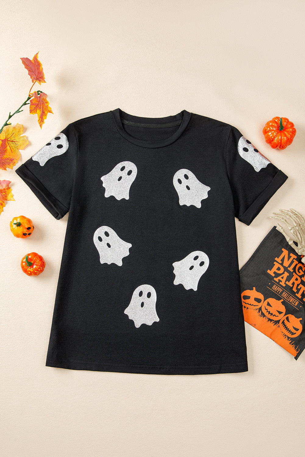 Black Glitter Ghost Pattern Crew Neck Halloween T Shirt - Aaria Tees Aaria Tees