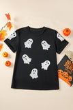 Black Glitter Ghost Pattern Crew Neck Halloween T Shirt - Aaria Tees Aaria Tees