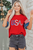 Fiery Red Sequin USA Lettering Patriotic Contrast Splicing Sleeve Top Aaria Tees