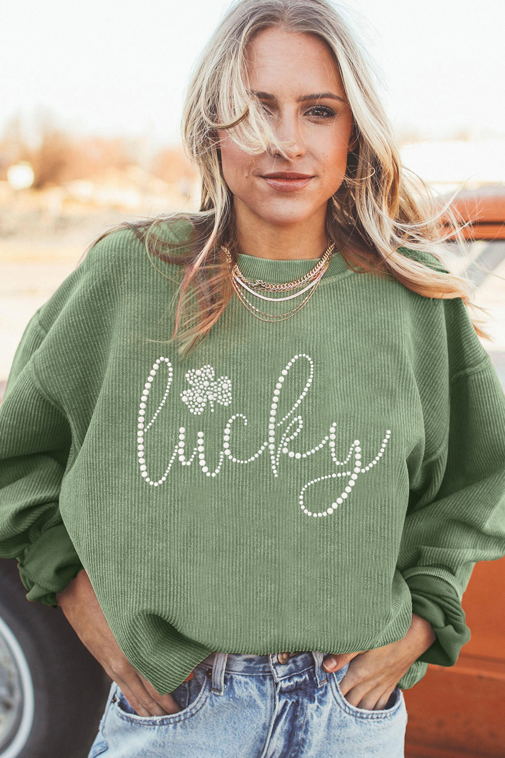 Grass Green Rhinestone lucky Clover Graphic Ribbed St Patrick Sweatshirt - Aaria Tees Aaria Tees
