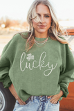 Grass Green Rhinestone lucky Clover Graphic Ribbed St Patrick Sweatshirt - Aaria Tees Aaria Tees