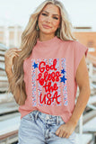 Pink God bless the USA Floral American Flag Print High Neck Short Sleeve Top Aaria Tees