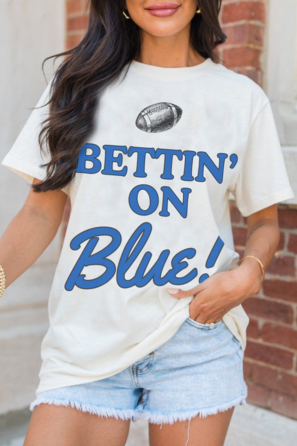 White Rugby Football BETTIN ON Blue Graphic Crewneck T Shirt - Aaria Tees