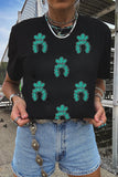 Black Western Turquoise Pattern Sequin Patched T Shirt Aaria Tees