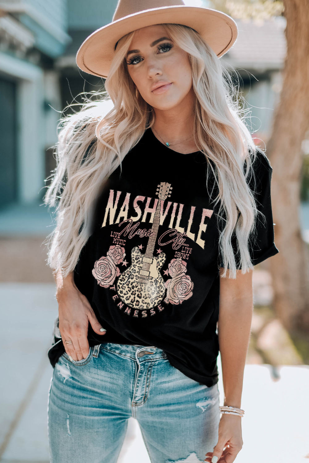 Black Nashville Music City Leopard Guitar Graphic T Shirt - Aaria Tees Aaria Tees