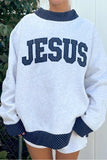 Light Grey Polka Dot Contrast Trim JESUS Letter Graphic Sweatshirt Aaria Tees