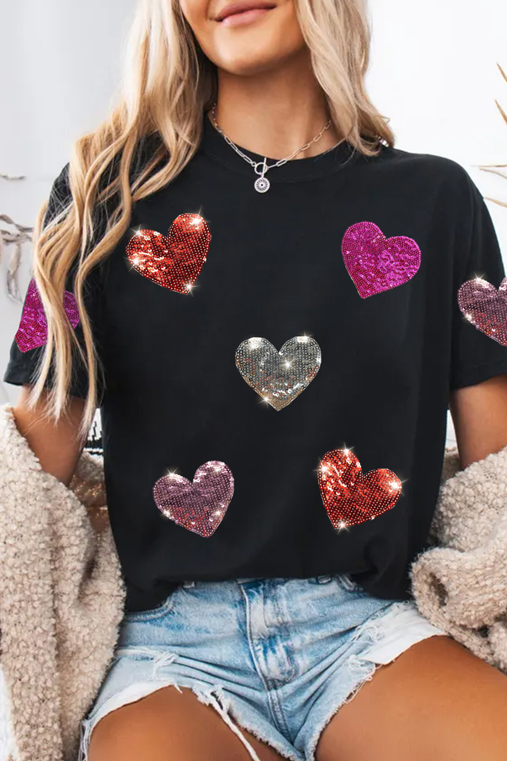 Black Sequin Heart Patched Pattern Crewneck Valentines Tee - Aaria Tees Aaria Tees