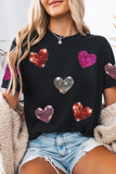 Black Sequin Heart Patched Pattern Crewneck Valentines Tee - Aaria Tees Aaria Tees