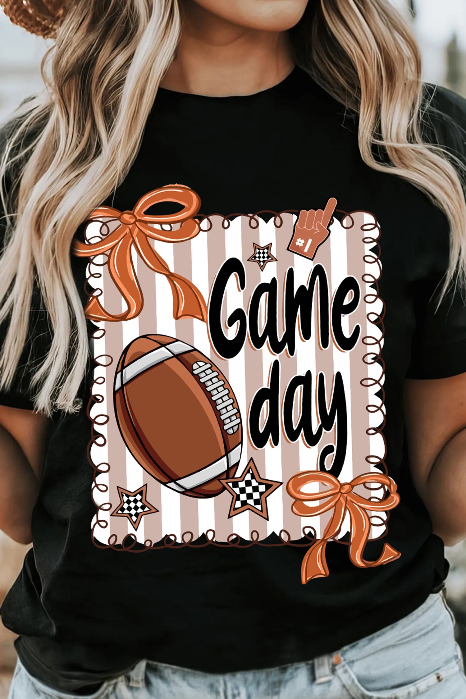 Black Casual Game Day Football Striped Tee - Aaria Tees Aaria Tees